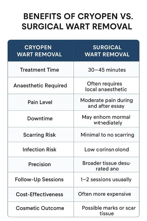 Table showing the benefits of cryopen to remove warts Stourbridge compared to surgical treatment